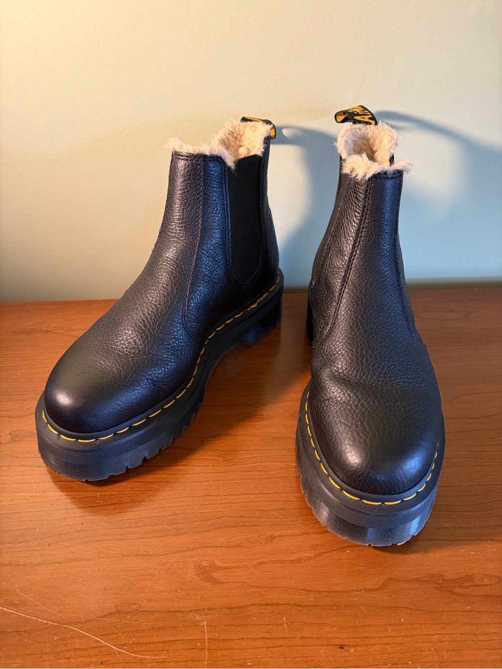 Dr. Martens Black Leather Chelsea Shearling-Trim Ankle Boots